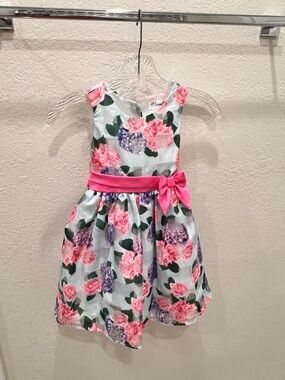 Nannette White Floral Girl Dress with Pink Waist Bow